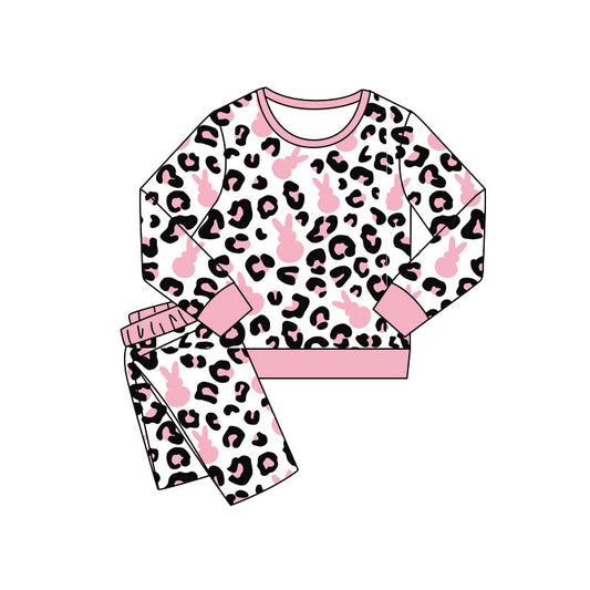 MOQ 5 PCS Preorder GLP3142 Easter Pink Bunny Leopard Long Sleeve Pants Girls Sets 202511