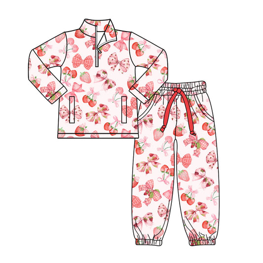 MOQ 5 PCS Preorder GLP3151 Bows Strawberry Zip Collar Long Sleeve Drawstring Pants Girls Sets 202511