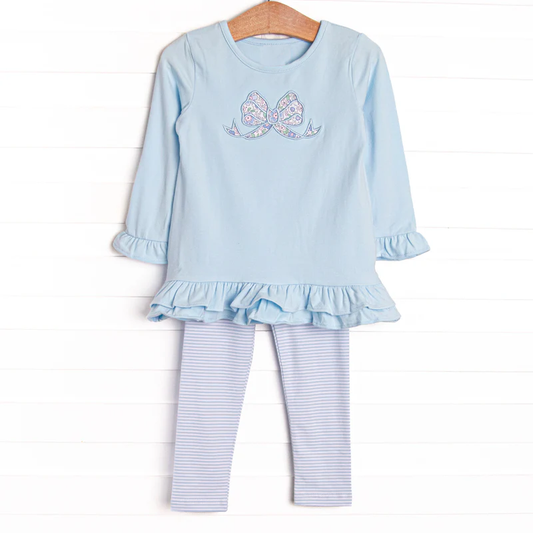 MOQ 5 PCS Preorder GLP3164 Bow Floral Blue Ruffle Long Sleeve Stripe Leggings Pants Girls Sets 202511