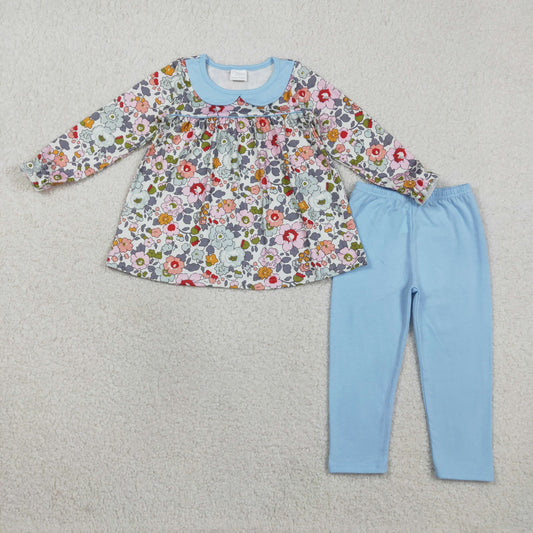 GLP3168 Floral Blue Doll Collar Long Sleeve Pants Girls Sets 202601 RTS