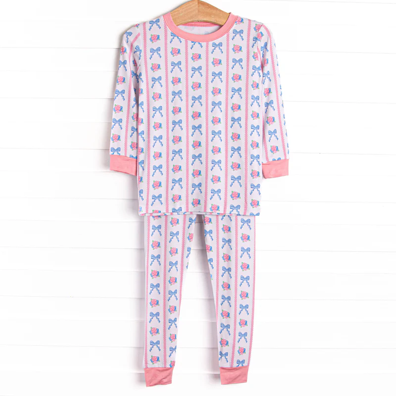 MOQ 5 PCS Preorder GLP3178 Valentines Day Flower Bows Stripe Pink Long Sleeve Purple Pants Girls Pajama Set 202511