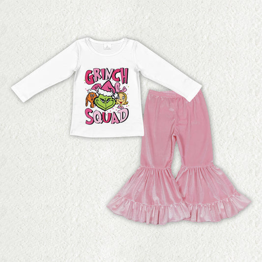 GLP3184 Christmas Grinch White Long Sleeve Pink Velvet Bell Bottom Pants Girls Sets 202511 RTS