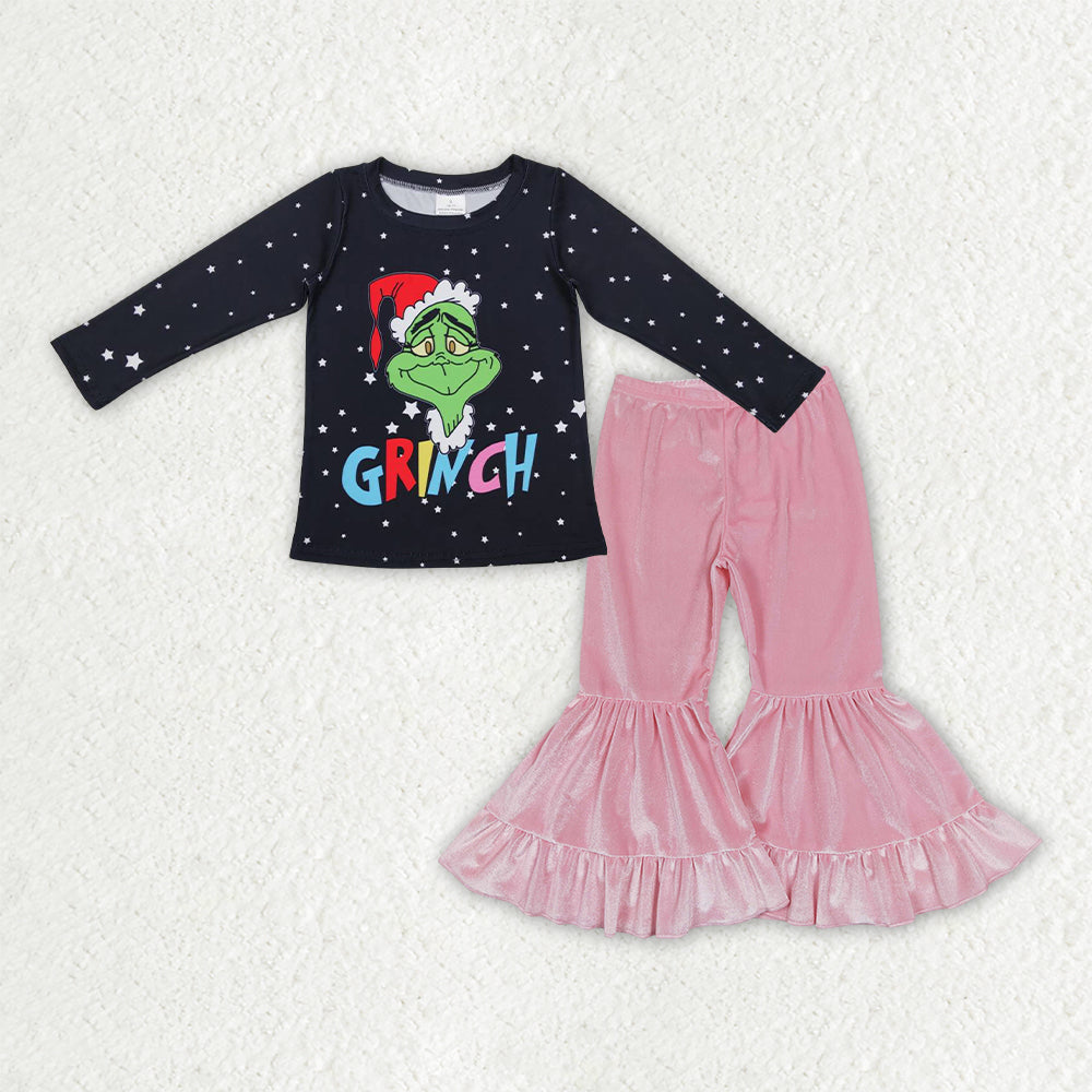 GLP3185 Christmas Grinch Black Long Sleeve Pink Velvet Bell Bottom Pants Girls Sets 202511 RTS