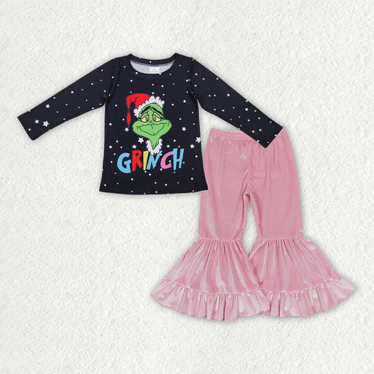 GLP3185 Christmas Grinch Black Long Sleeve Pink Velvet Bell Bottom Pants Girls Sets 202511 RTS