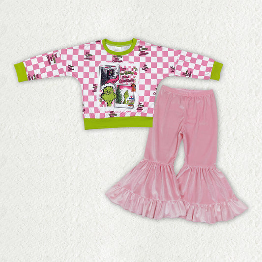 GLP3187 Christmas Bluey Pink Plaid Green Long Sleeve Pink Velvet Bell Bottom Pants Girls Sets 202511 RTS