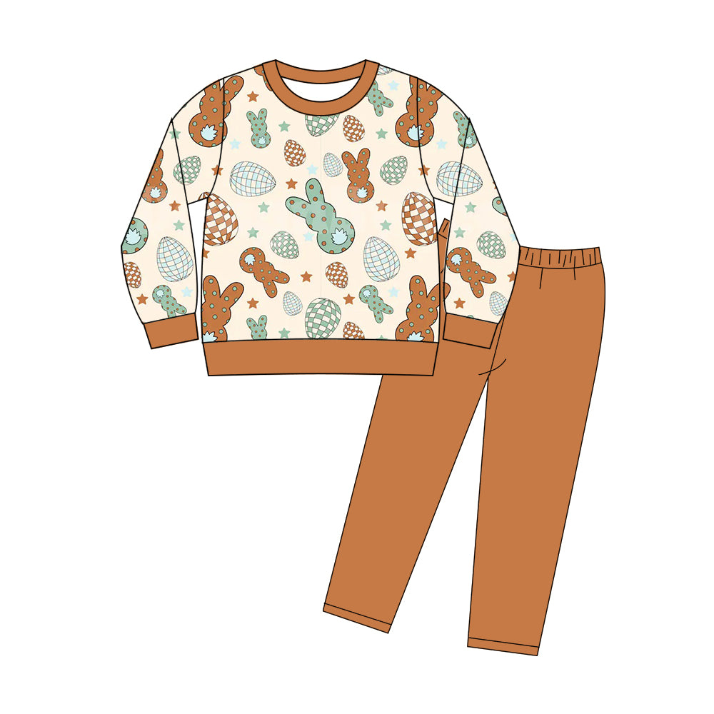 MOQ 5 PCS Preorder GLP3190 Easter Bunny Colored Eggs Brown Long Sleeve Pants Girls Sets 202511