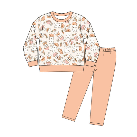 MOQ 5 PCS Preorder GLP3192 Easter Bunny Flower Bows Orange Long Sleeve Pants Girls Sets 202511