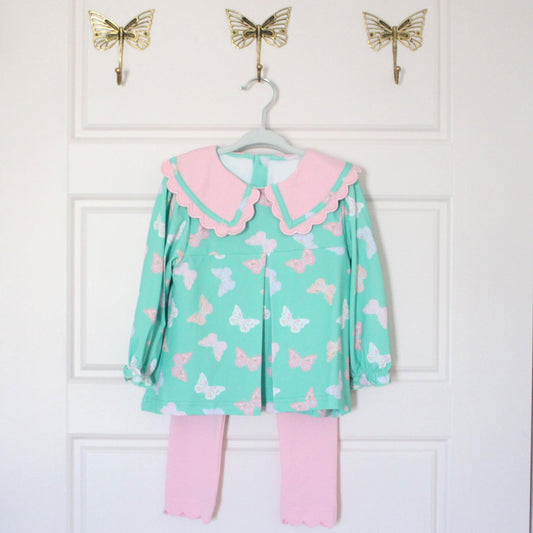 MOQ 5 PCS Preorder GLP3193 Butterfly Doll Collar Blue Green Long Sleeve Pink Pants Girls Sets 202511
