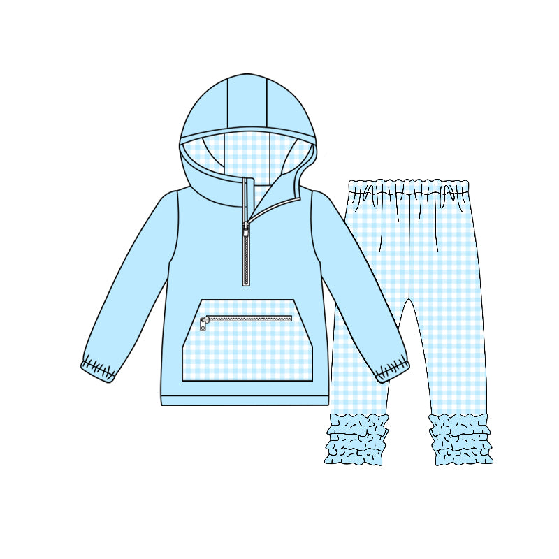 MOQ 5 PCS Preorder GLP3210 Light Blue Plaid Pocket Hooded Long Sleeve Pants Girls Sets 202511