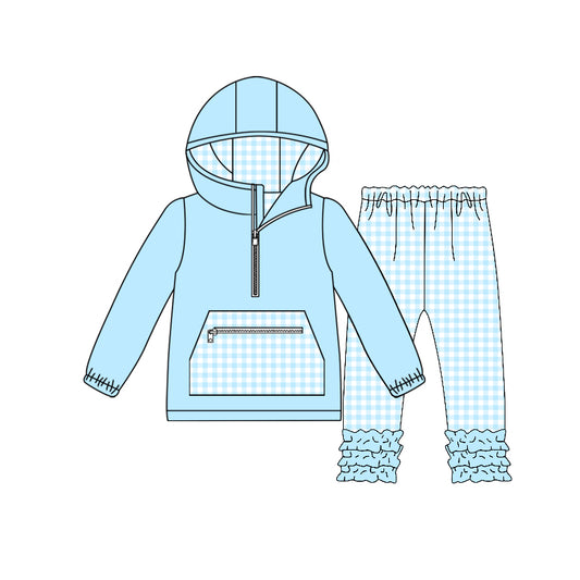 MOQ 5 PCS Preorder GLP3210 Light Blue Plaid Pocket Hooded Long Sleeve Pants Girls Sets 202511