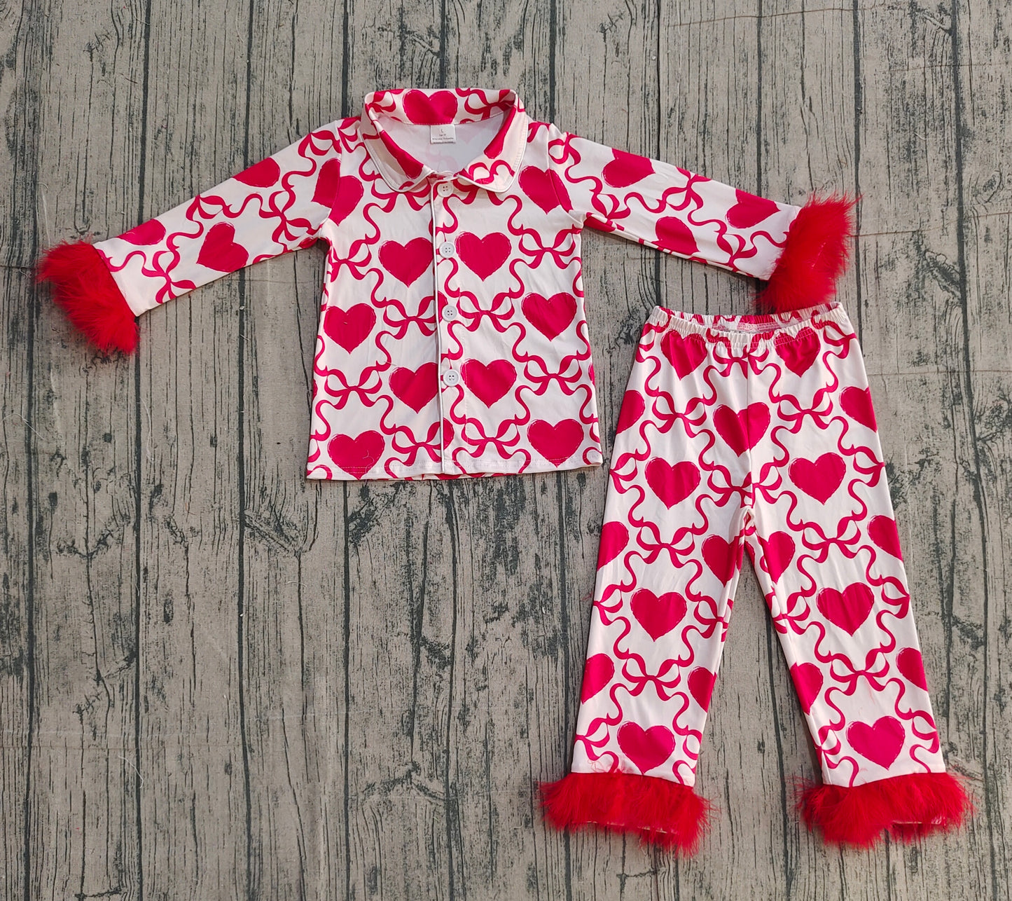 NO MOQ Preorder GLP3221 Valentine‘s Day Love Bows Red Plush Polo Long Sleeve Pants Girls Pajamas Set 202512