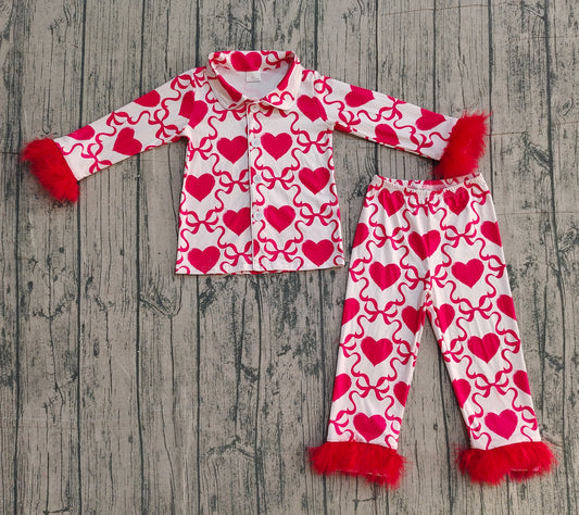 NO MOQ Preorder GLP3221 Valentine‘s Day Love Bows Red Plush Polo Long Sleeve Pants Girls Pajamas Set 202512