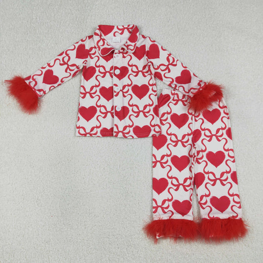 GLP3221 Valentine‘s Day Love Bows Red Plush Polo Long Sleeve Pants Girls Pajamas Set 202601 RTS