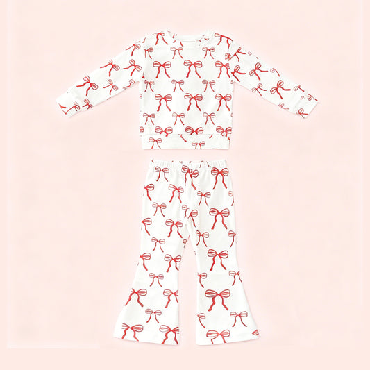 MOQ 5 PCS Preorder GLP3223 Red Bows White Long Sleeve Pants Girls Sets 202511