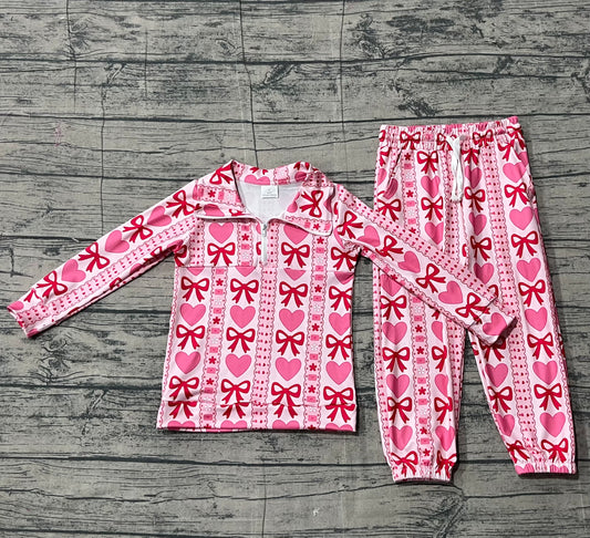 NO MOQ Preorder GLP3236 Valentines Day Love Bows Zip Collar Long Sleeve Pants Girls Sets 202512