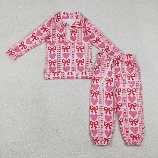 GLP3236 Valentines Day Love Bows Zip Collar Long Sleeve Pants Girls Sets 202512 RTS