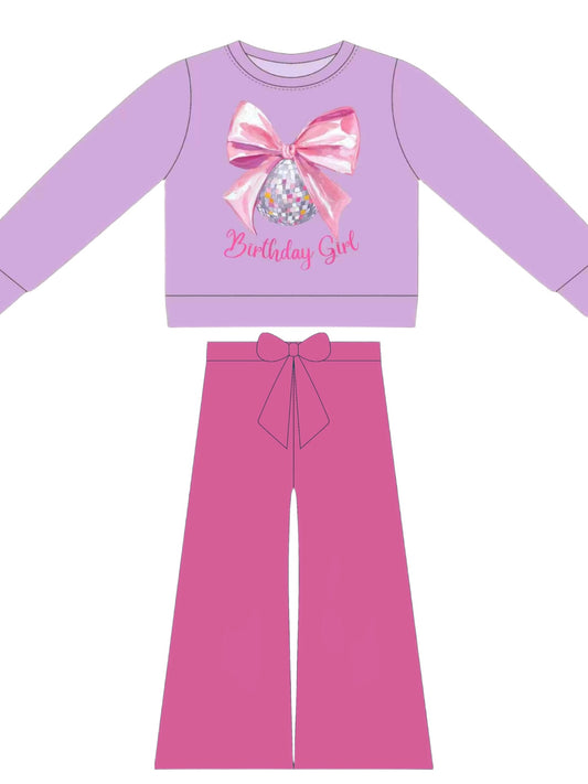 MOQ 5 PCS Preorder GLP3239 Birthday Girl Bow Purple Long Sleeve Rose Red Pants Girls Sets 202511