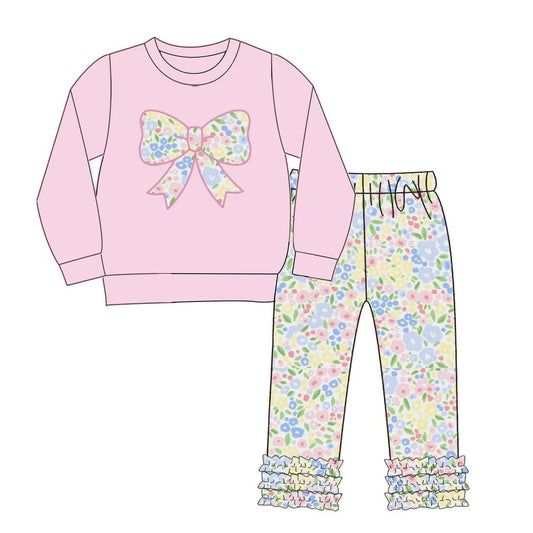 MOQ 5 PCS Preorder GLP3242 Flower Bow Pink Long Sleeve Ruffle Pants Girls Sets 202512