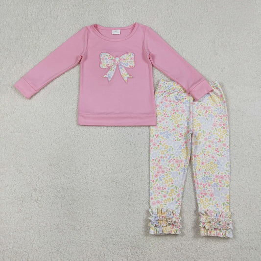 GLP3242 Embroidered Flower Bow Pink Long Sleeve Ruffle Pants Girls Sets 202601 RTS