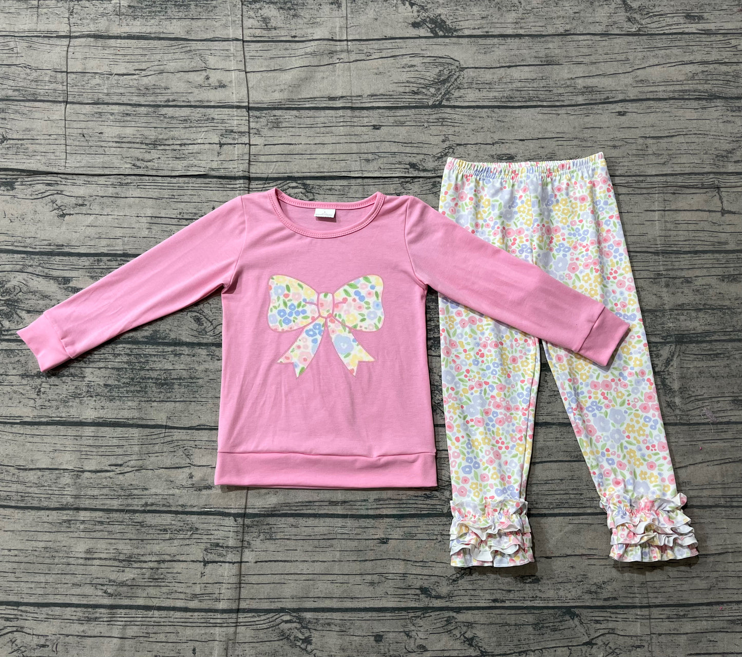 NO MOQ Preorder GLP3242 Embroidered Flower Bow Pink Long Sleeve Ruffle Pants Girls Sets 202512