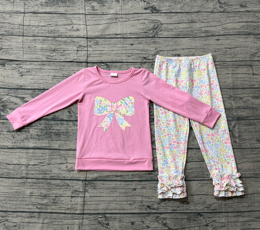 NO MOQ Preorder GLP3242 Embroidered Flower Bow Pink Long Sleeve Ruffle Pants Girls Sets 202512