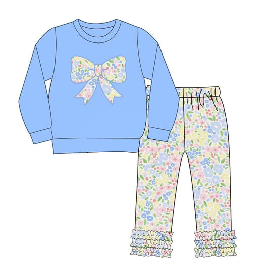 MOQ 5 PCS Preorder GLP3243 Flower Bow Blue Long Sleeve Ruffle Pants Girls Sets 202512