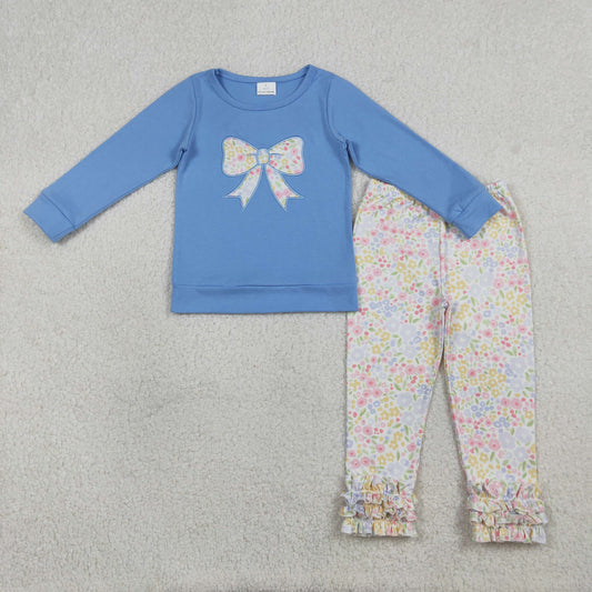 GLP3243 Embroidered Flower Bow Blue Long Sleeve Ruffle Pants Girls Sets 202601 RTS