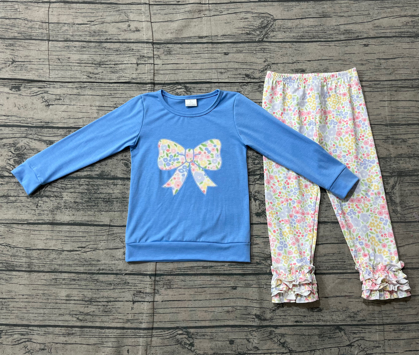 NO MOQ Preorder GLP3243 Embroidered Flower Bow Blue Long Sleeve Ruffle Pants Girls Sets 202512