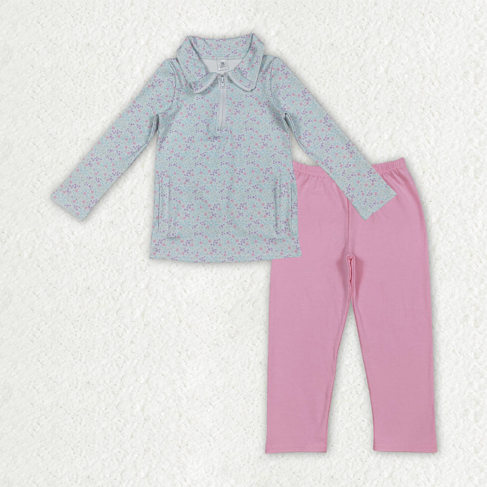 GLP3247 Floral Light Blue Zip Collar Long Sleeve Light Pink Pants Girls Yoga Sets 202512 RTS