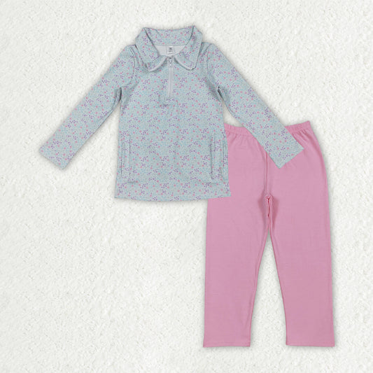 GLP3247 Floral Light Blue Zip Collar Long Sleeve Light Pink Pants Girls Yoga Sets 202512 RTS