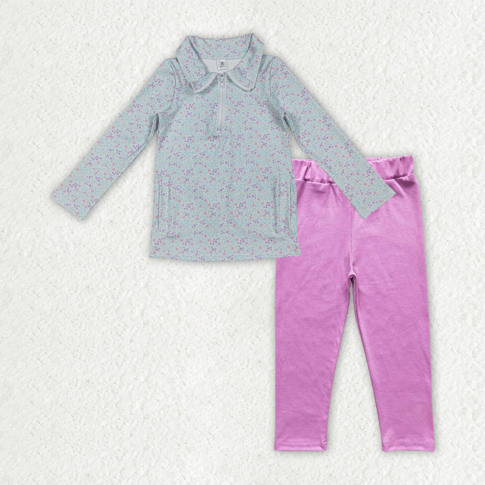 GLP3249 Floral Light Blue Zip Collar Long Sleeve Purple Pink Pants Girls Yoga Sets 202512 RTS