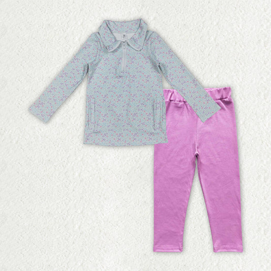 GLP3249 Floral Light Blue Zip Collar Long Sleeve Purple Pink Pants Girls Yoga Sets 202512 RTS