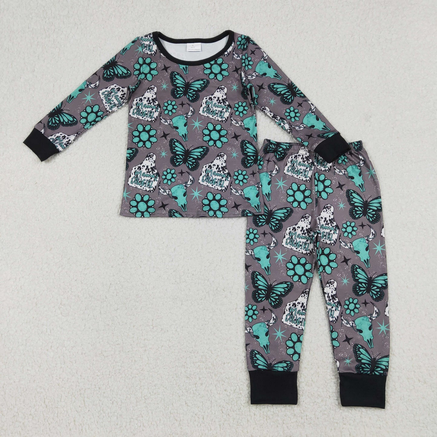 GLP3254 MAMA'S COWGIRL Butterfly Black Long Sleeve Pants Girls Pajama Set 202512 RTS