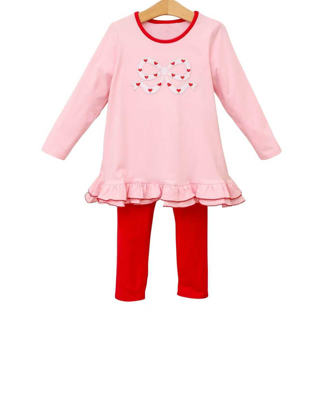 MOQ 5 PCS Preorder GLP3259 Valentines Day Love Bow Pink Ruffle Long-Sleeved Red Pants Girls Sets 202512