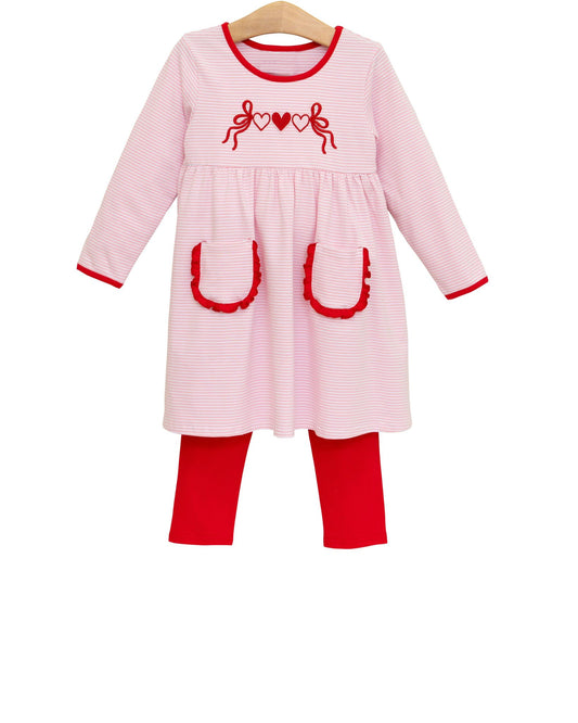 MOQ 5 PCS Preorder GLP3261 Valentines Day Love Bows Red Ruffle Pocket Pink Stripe Long-Sleeved Pants Girls Sets 202512
