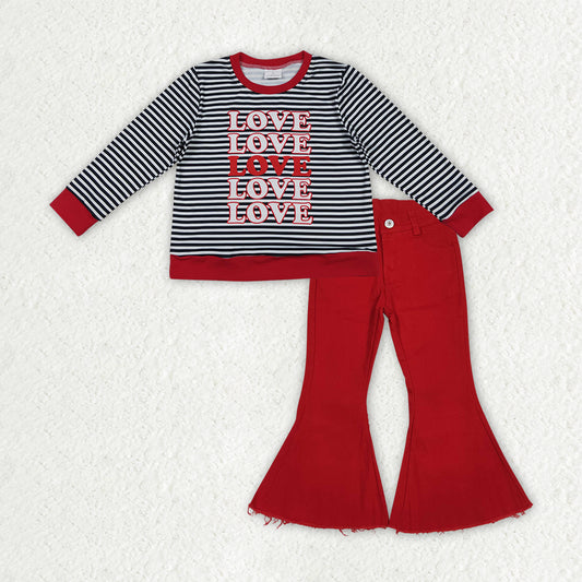 GLP3263 Valentines Day Love Black Stripe Long Sleeve Red Denim Bell Bottom Pants Girls Sets 202512 RTS
