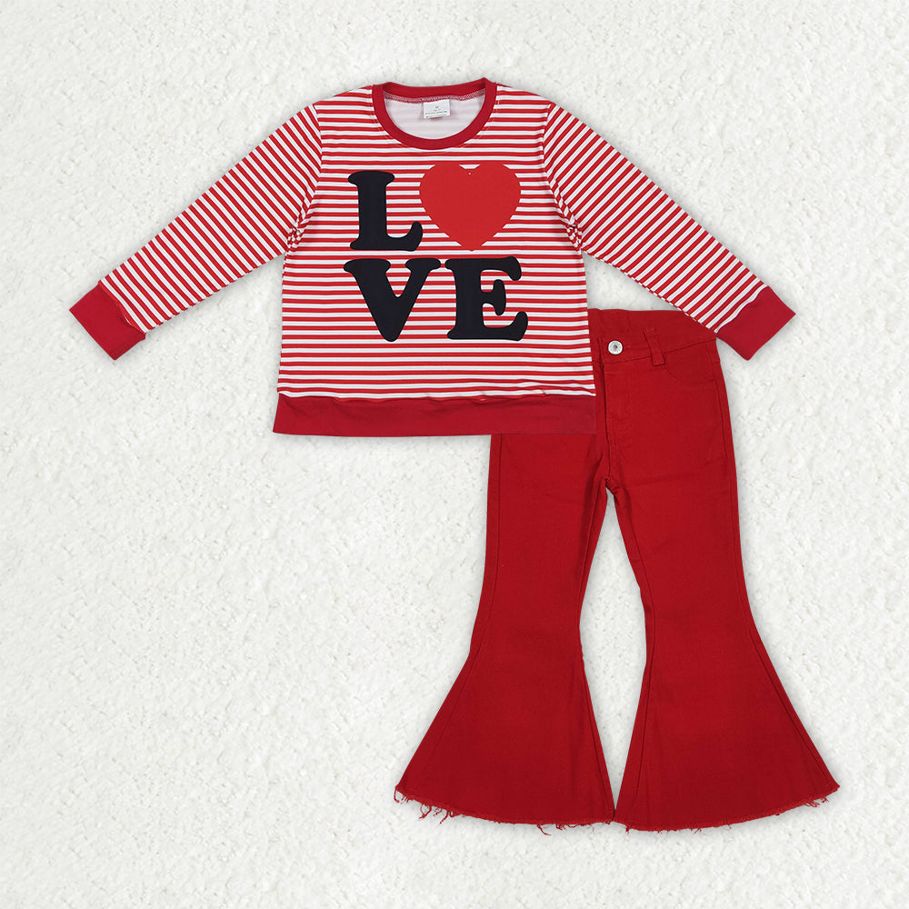 GLP3264 Valentines Day Love Red Stripe Long Sleeve Red Denim Bell Bottom Pants Girls Sets 202512 RTS