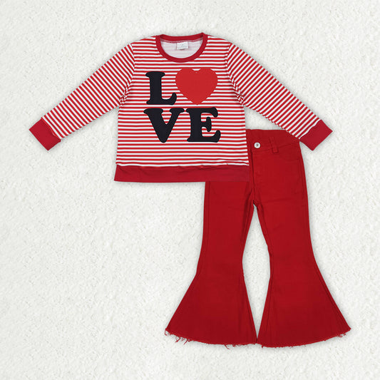 GLP3264 Valentines Day Love Red Stripe Long Sleeve Red Denim Bell Bottom Pants Girls Sets 202512 RTS