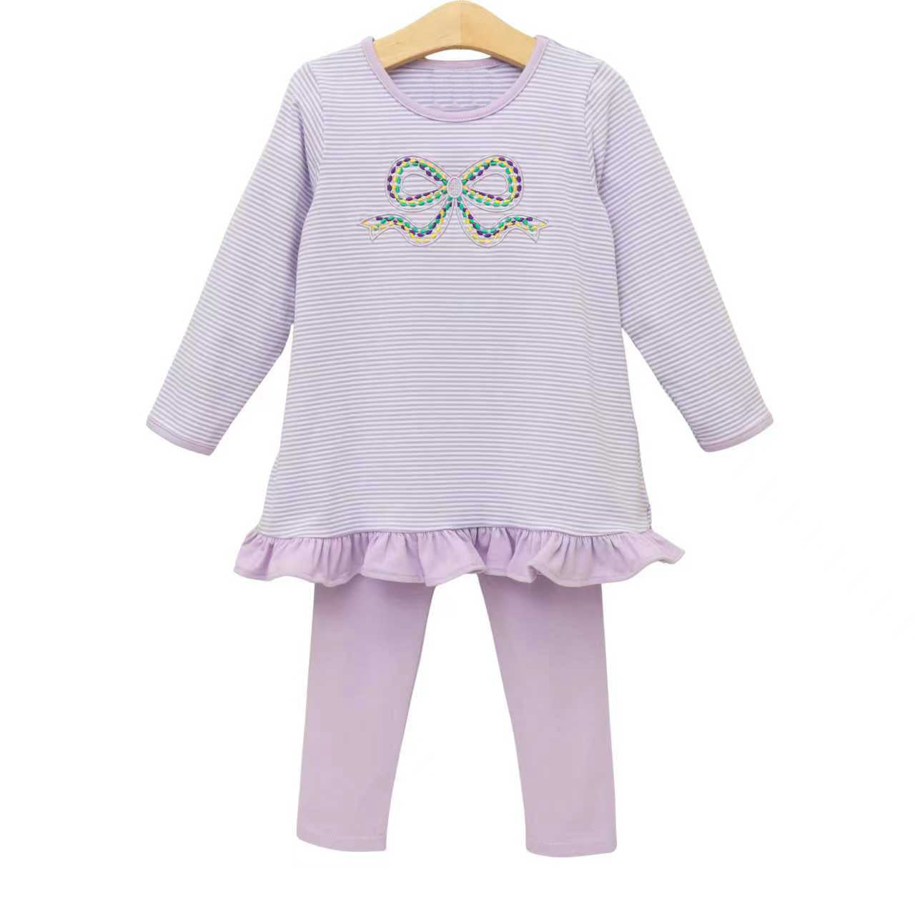 MOQ 5 PCS Preorder GLP3267 Mardi Gras Bow Purple Stripe Long-Sleeved Pants Girls Sets 202512