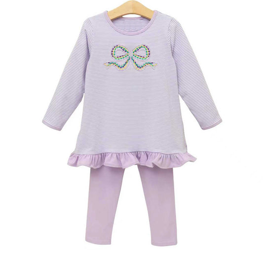 MOQ 5 PCS Preorder GLP3267 Mardi Gras Bow Purple Stripe Long-Sleeved Pants Girls Sets 202512