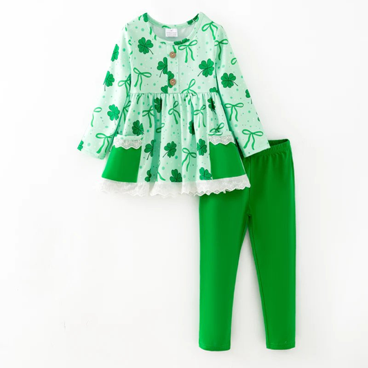 MOQ 5 PCS Preorder GLP3268 St Patrick's Day Bows Four-Leaf Green Pocket Lace Ruffle Long-Sleeved Pants Girls Sets 202512