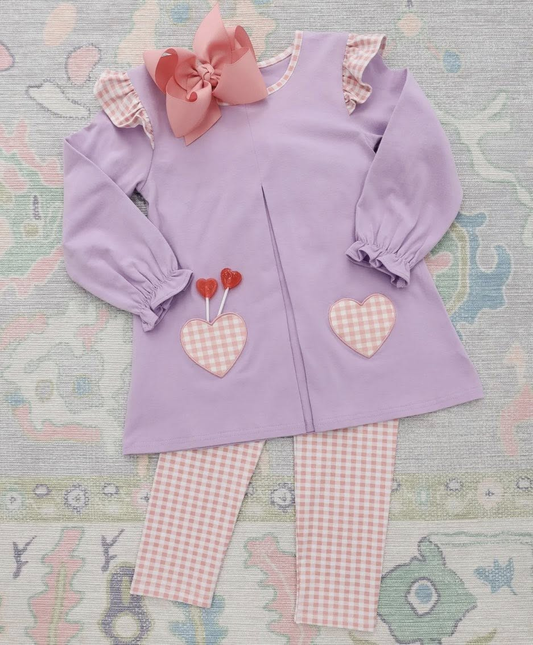 MOQ 5 PCS Preorder GLP3269 Valentines Day Pink Plaid Ruffle Purple Long-Sleeved Pants Girls Sets 202512
