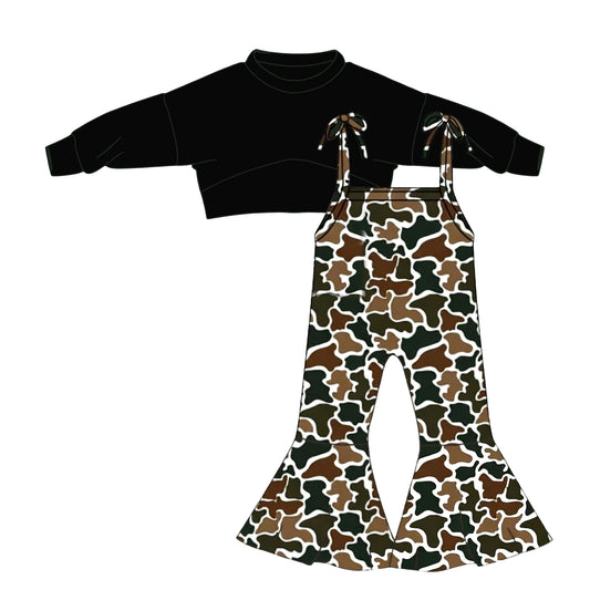 MOQ 5 PCS Preorder GLP3272 Solid Black Short in the Front and Long in the Back Shirts with Camouflage Overalls Jumpsuits Girls Sets 202512