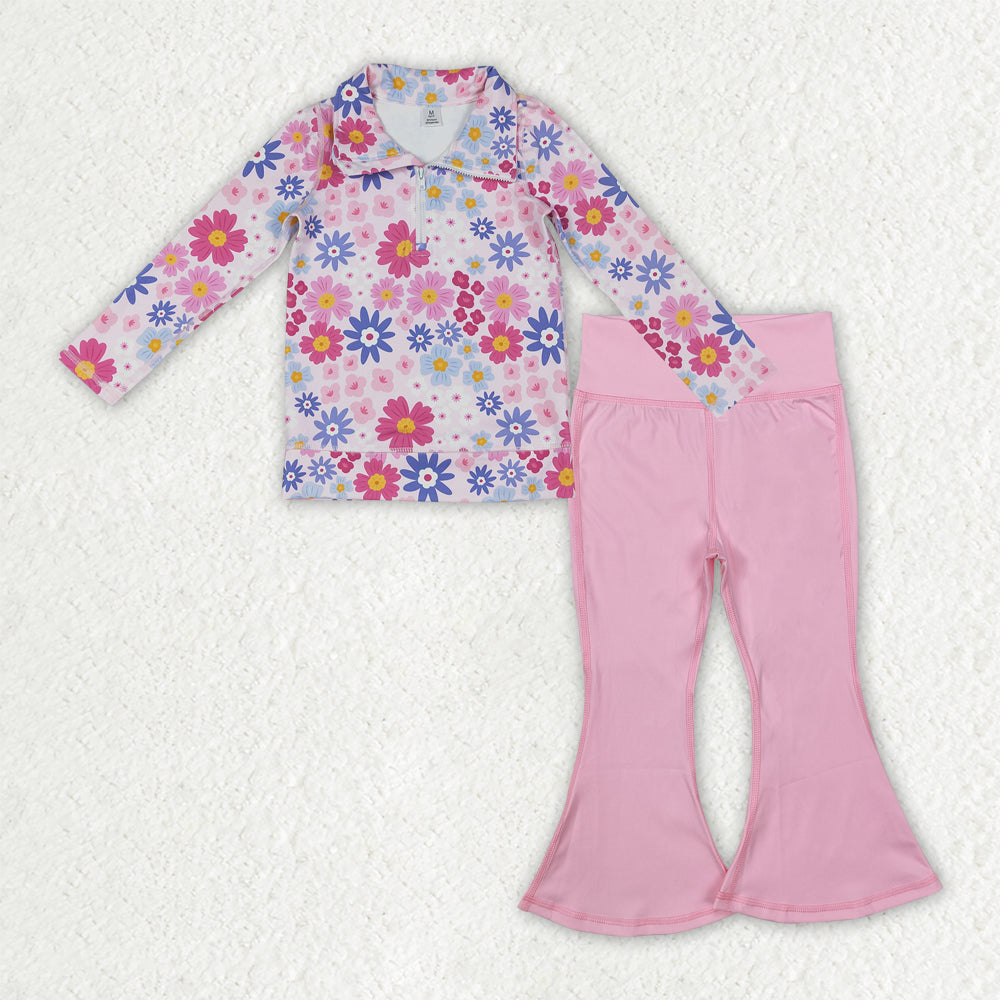 GLP3273 Flower Zipper Collar Long Sleeve Pink Bell Bottom Pants Girls Yoga Sets 202512 RTS