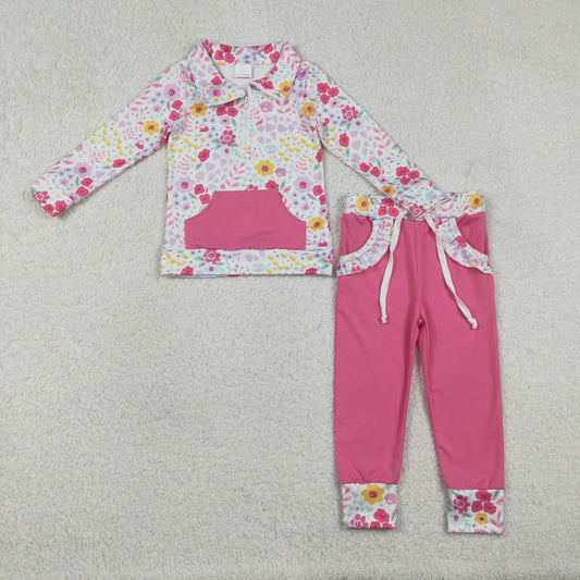 GLP3277 Flower Rose Red Pocket Zip Collar Long Sleeve Pants Girls Sets 202512 RTS