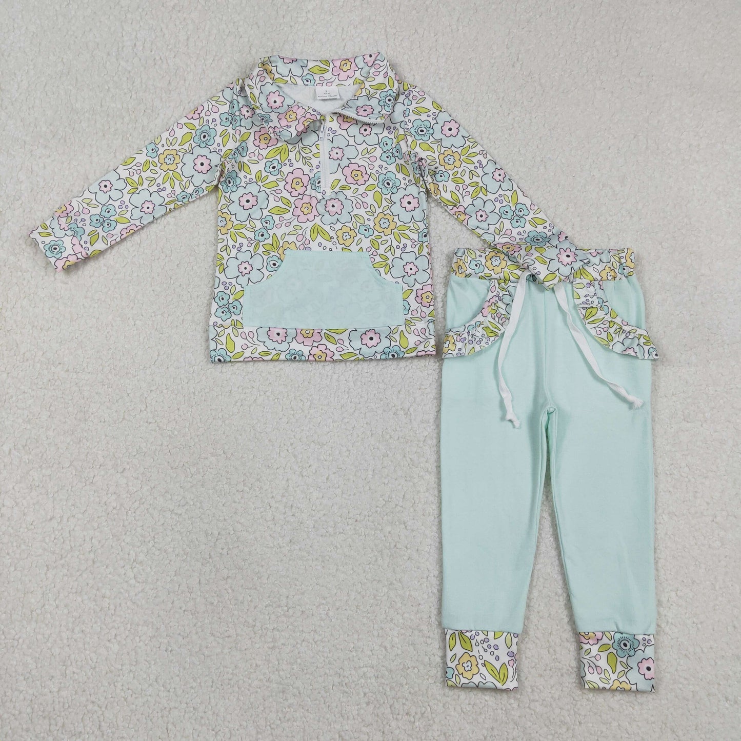 GLP3278 Flower Leaf Light Green Pocket Zip Collar Long Sleeve Pants Girls Sets 202512 RTS
