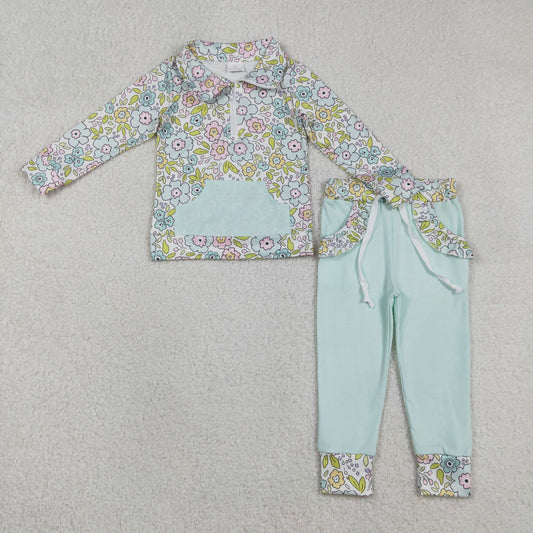 GLP3278 Flower Leaf Light Green Pocket Zip Collar Long Sleeve Pants Girls Sets 202512 RTS