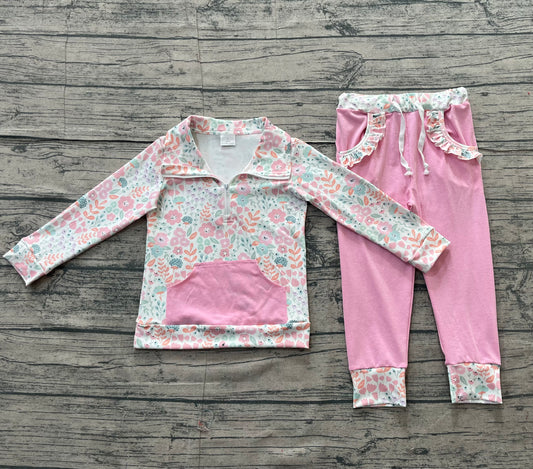 NO MOQ Preorder GLP3279 Flower Leaf Light Pink Pocket Zip Collar Long Sleeve Pants Girls Sets 202512