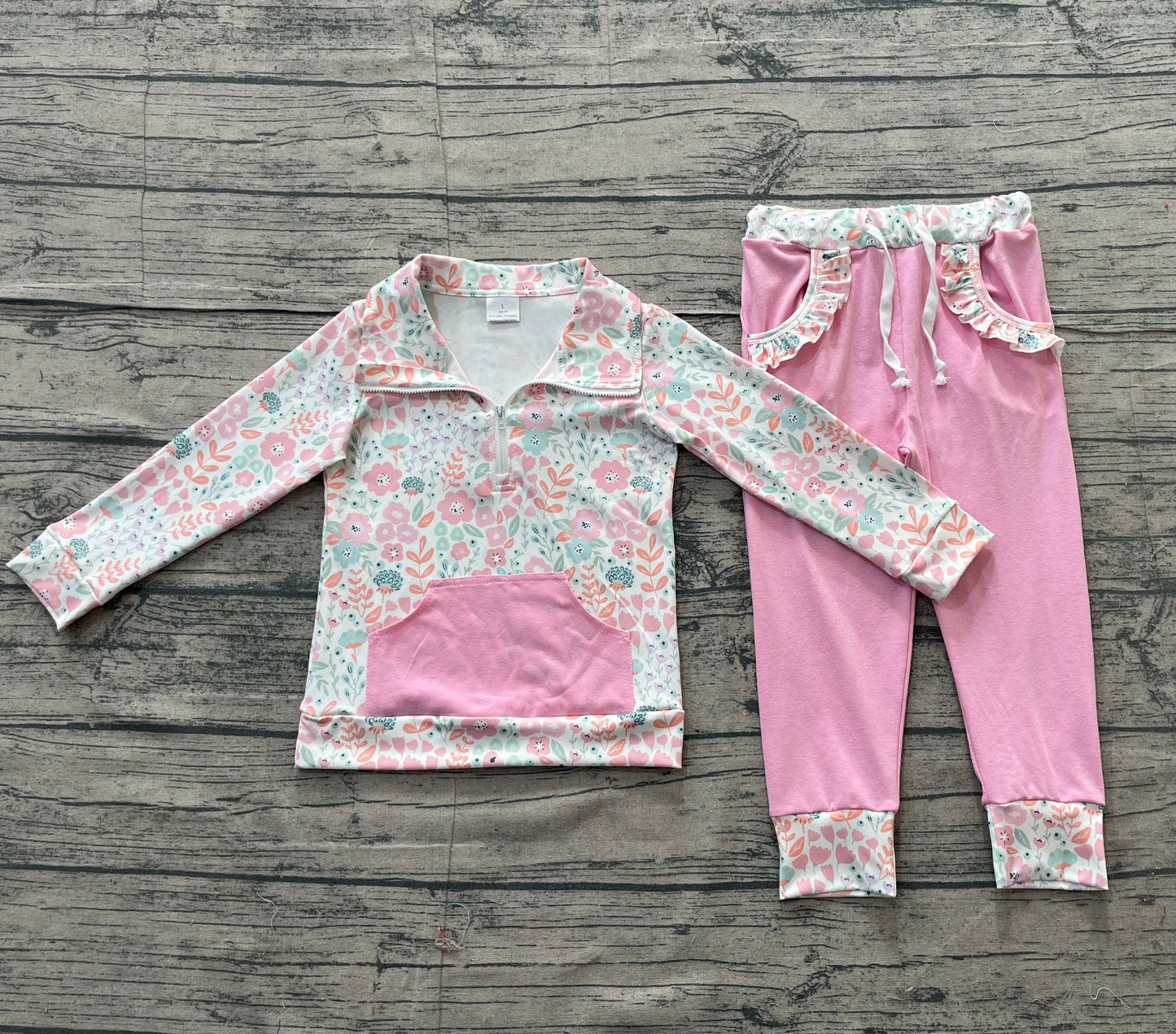 NO MOQ Preorder GLP3279 Flower Leaf Light Pink Pocket Zip Collar Long Sleeve Pants Girls Sets 202512