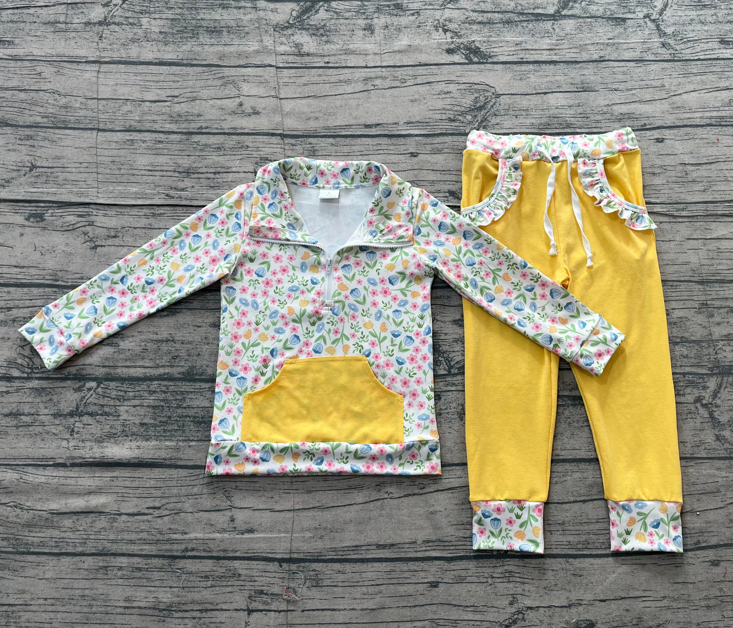 NO MOQ Preorder GLP3280 Flower Leaf Yellow Pocket Zip Collar Long Sleeve Pants Girls Sets 202512